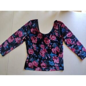 Material Girl Black Floral Velvet Long Sleeve Scoop Neck Top Size L